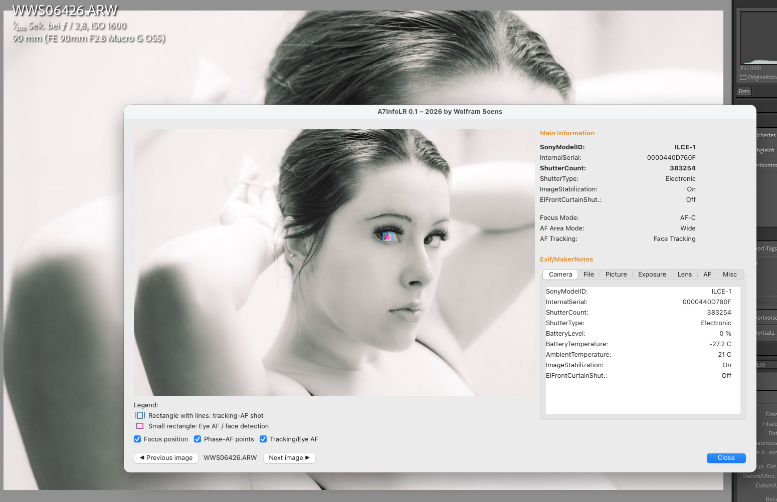 A7InfoLR Plugin-Dialog in Lightroom Classic – AF-Overlay und MakerNotes